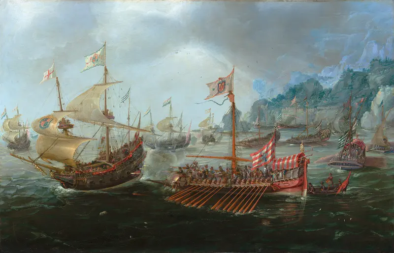 Painting of tall sailing ships with flags and a long oared galley on a rough grey sea