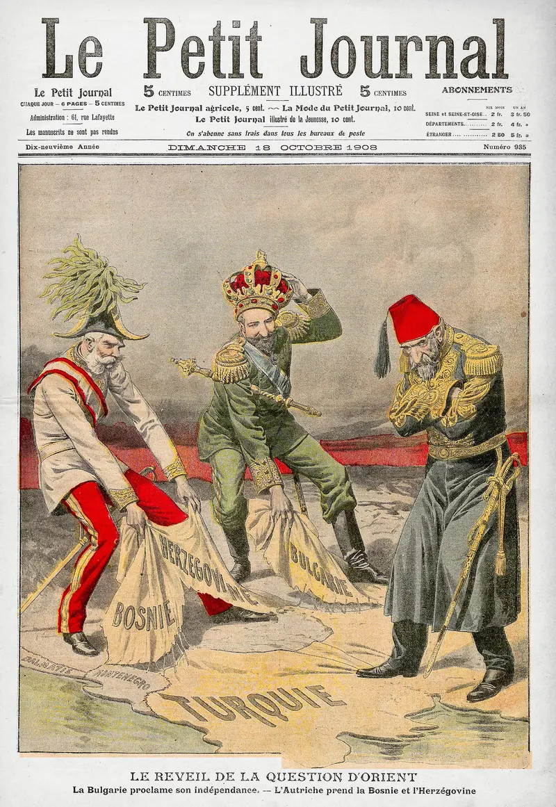 Colourful magazine cover drawing of an emperor and a king tearing pieces from a map while a sultan in a red fez looks on