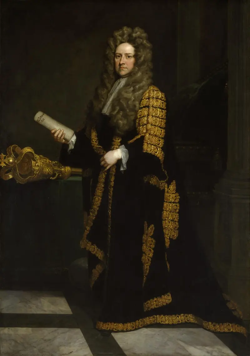 Painted portrait of John Smith in a long wig and black and gold robes, holding a rolled paper