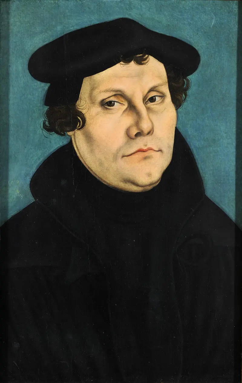 Painted portrait of a man in a black cap and black gown against a blue-green background