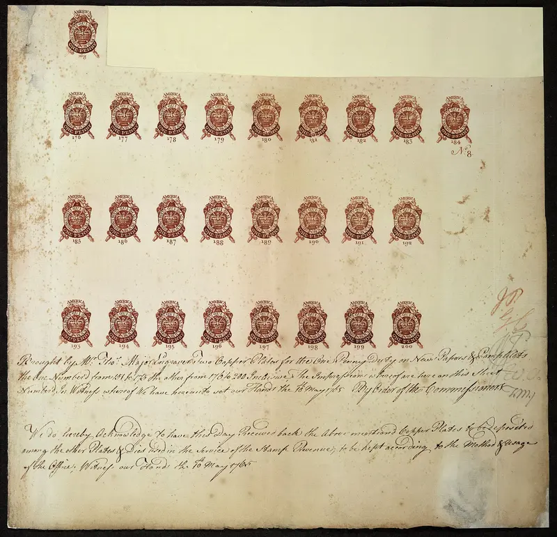 An old sheet of paper printed with rows of small red-brown stamps showing a crown and the words America and One Penny, with handwriting below