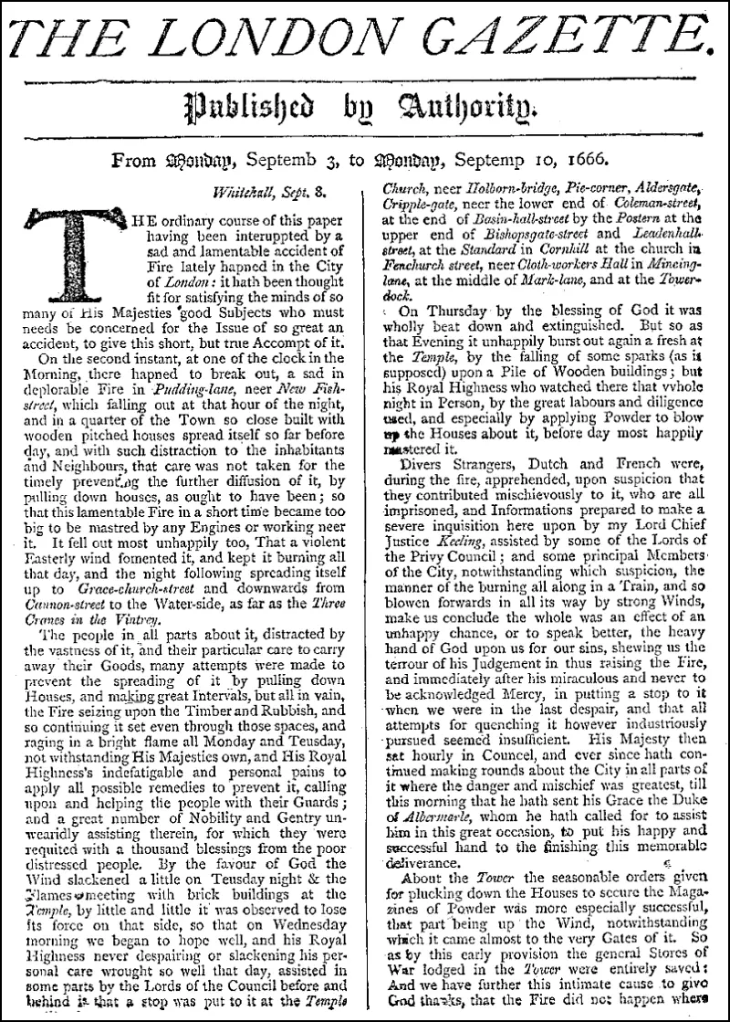 The front page of an old newspaper headed The London Gazette, Published by Authority, with columns of small print